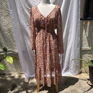 Boho Gypsy Desert Western Nude Floral Maxi Dress